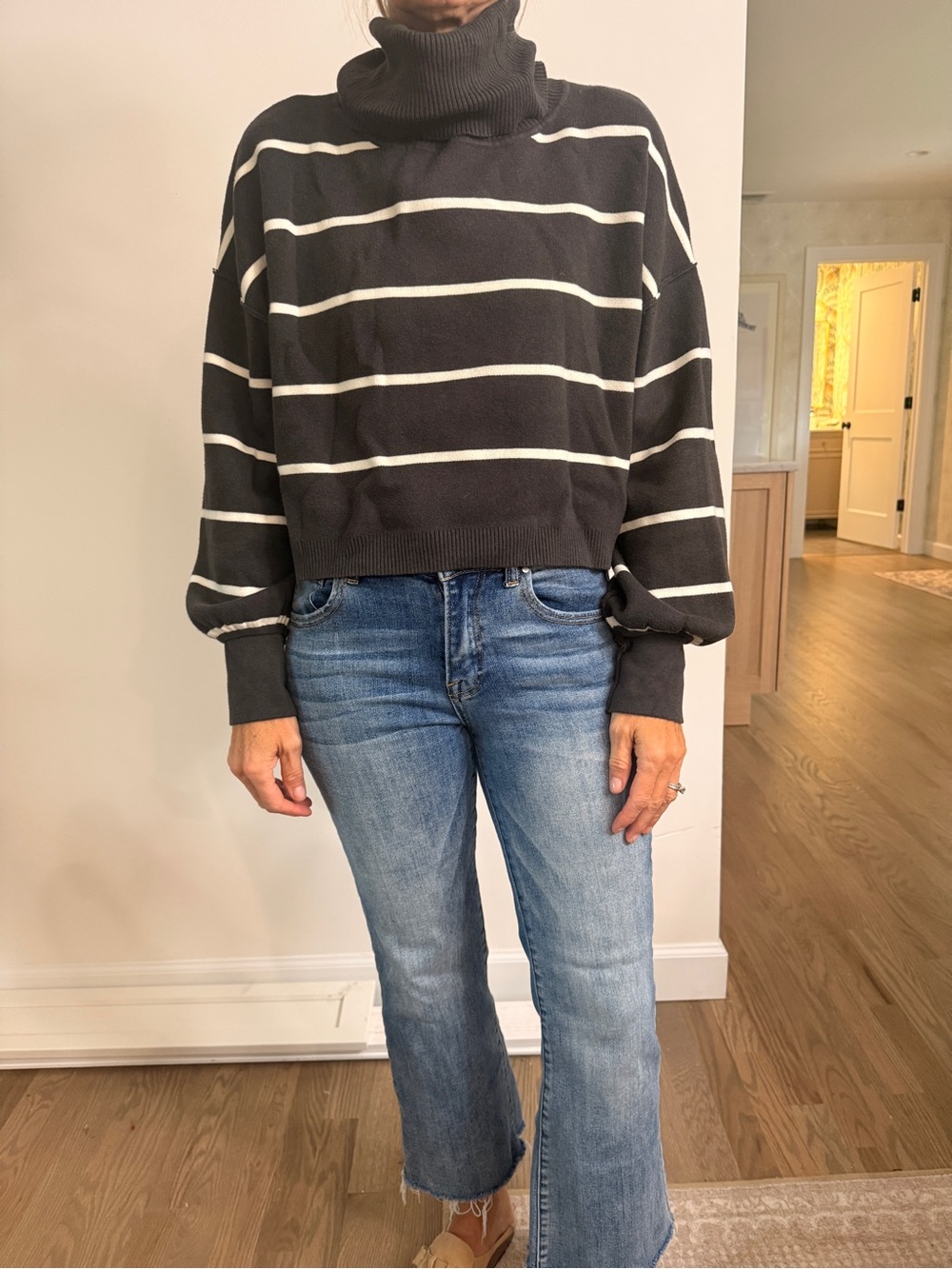 Free People Black & White Striped Turtleneck Sweater